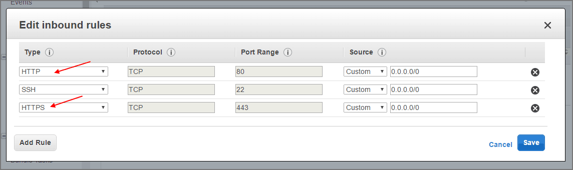 AWS edit inbound rules screen